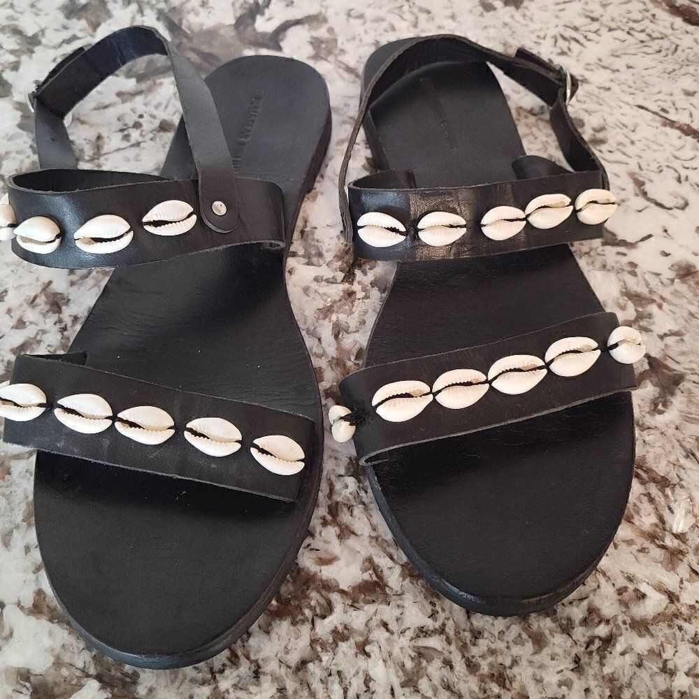 Pull&Bear Black Leather Flat Sandals Size 37